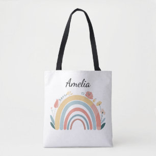Bolsa tote estampada com floral boho arco-íris
