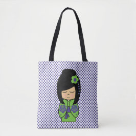 Bolsa Tote Estampada Kokeshi Doll Green Purple