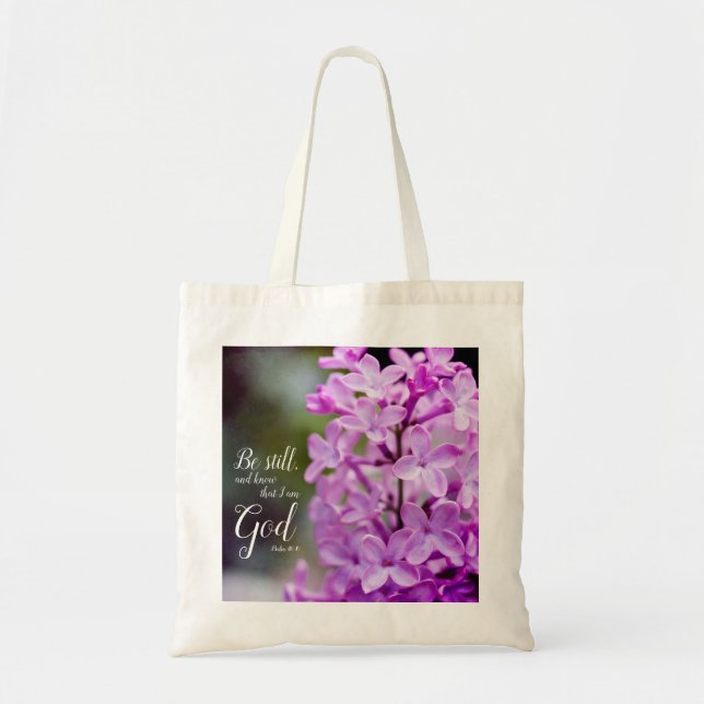 Bolsa Tote Estar Psalm 46:10 Flores Lilases Roxas (Frente)