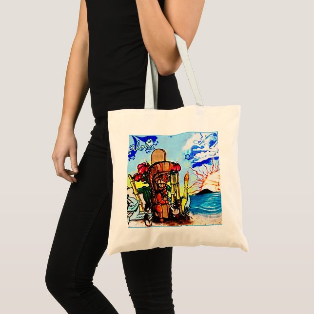 Bolsa Tote Estátua de Tiki com Menehune e Hibiscus (Frente (produto))
