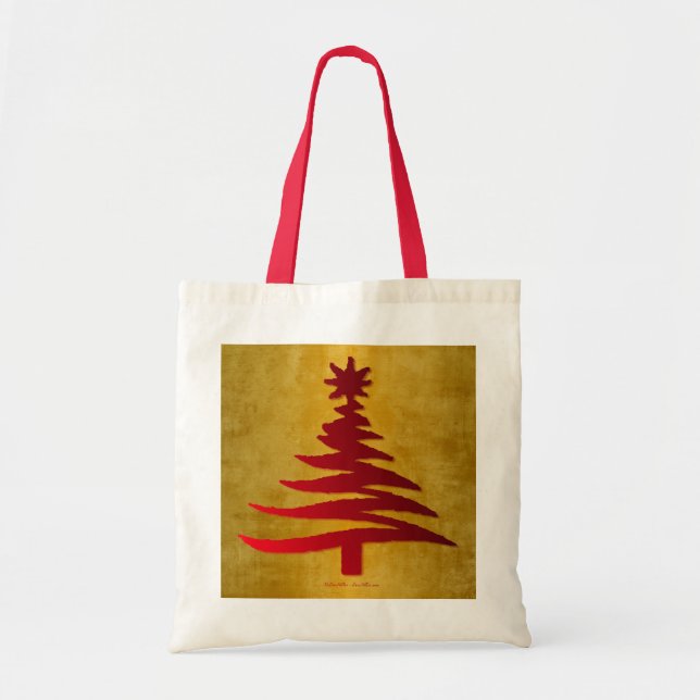 Bolsa Tote Estêncil da árvore de Natal Vermelho na Dourada (Frente)
