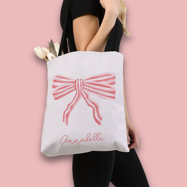Bolsa Tote Estética Coquette Rosa Beijo com Arco e Primeiro N (Coquette Pink bow tote bag, personalize with your own name or choice of text.)
