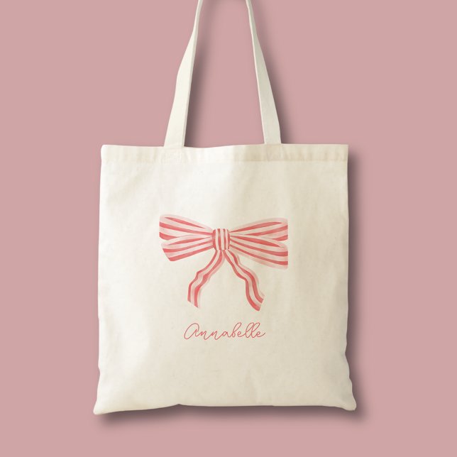 Bolsa Tote Estética Coquette Rosa Beijo & primeiro nome (Cute coquette aesthetic pink bow personalized tote bag.)