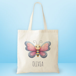 Bolsa Tote Estética Fofo de Meninas Borboleta Rosa e Cinza