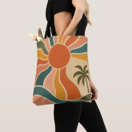 Bolsa Tote Estética Retro das Ondas do Pôr do Sol e Palmeiras