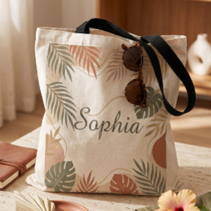 Bolsa Tote Estética Terrosa Folhagem Tropical Nome Personaliz
