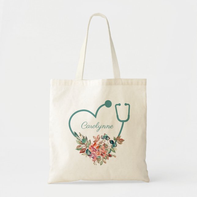 Bolsa Tote Estetoscópio Floral Enfermeiro Cardíaco Médico Méd (Frente)