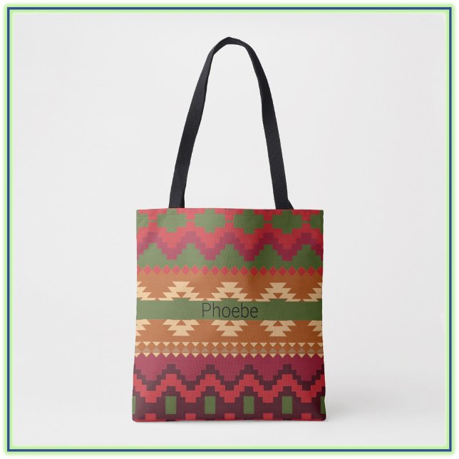 Bolsa Tote Estilo asteca sudoeste rosa verde e castanho (Criador carregado)