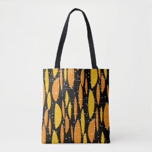 Bolsa Tote Estilo atômico, padrão geométrico laranja preto.
