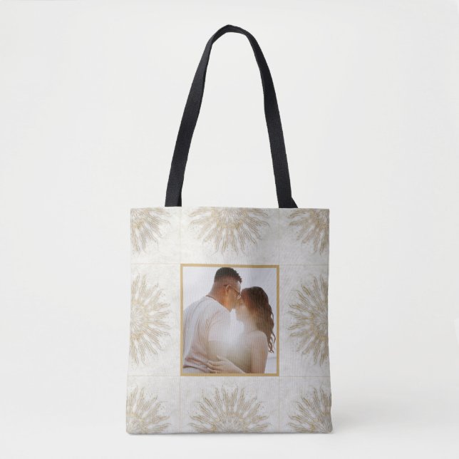 Bolsa Tote Estilo boho orgânico rajada de sol mandala dourado (Frente)