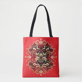 Bolsa Tote Estilo Damasco em Vermelho, Dourado e Preto