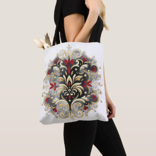 Bolsa Tote Estilo Damasco em Vermelho, Dourado e Preto