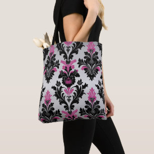 Bolsa Tote Estilo Damasco Rosa, Preto e Prata
