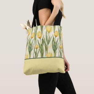 Bolsa Tote Estilo de Aquarela Tulipas Amarelas, Bloco de Core