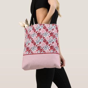Bolsa Tote Estilo de Arte Doodle Rosas Vermelhas e Rosadas Co