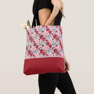 Bolsa Tote Estilo de Arte Doodle Rosas Vermelhas e Rosadas Co