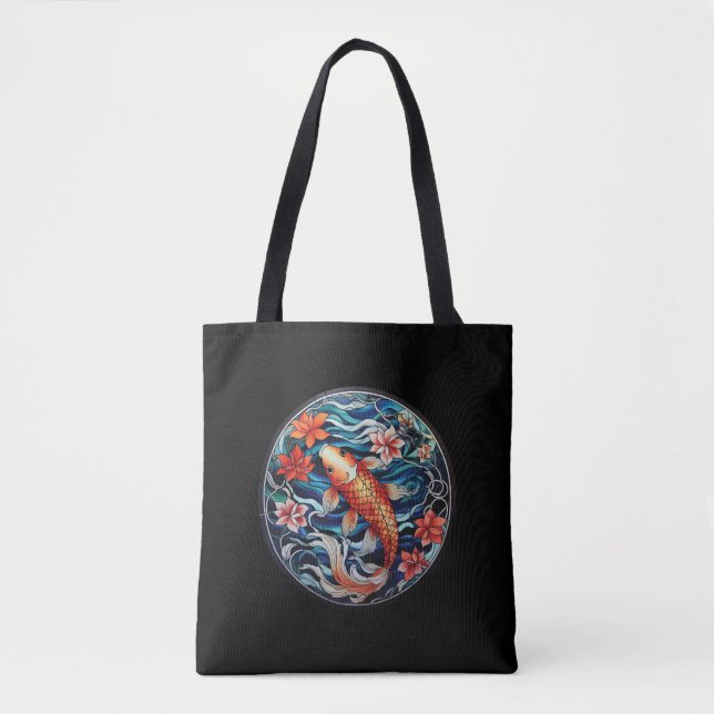 Bolsa Tote Estilo de Vidro Asiático Koi Fish e Camellias (Frente)