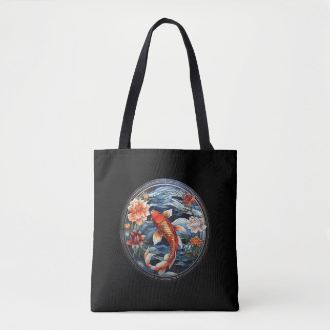 Bolsa Tote Estilo de Vidro Asiático Koi Fish e Camellias (Frente)