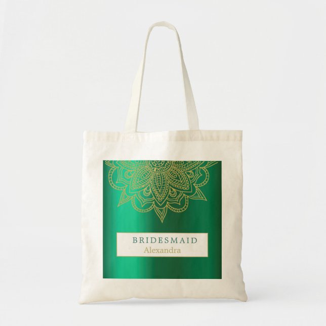 Bolsa Tote Estilo Indiano de Bridesmaid Chic Verde Dourada (Frente)
