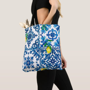 Bolsa Tote estilo italiano,Mediterrâneo,mosaico,azul,limão