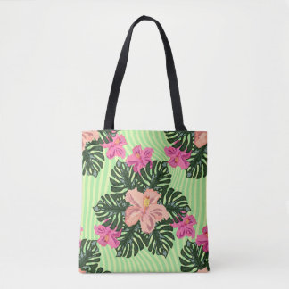 Bolsa Tote Estilo Retro Tropical Hibisco & Monstera Floral