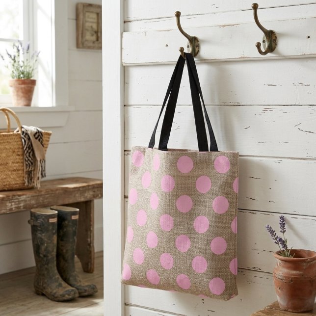 Bolsa Tote Estilo Vintage Bolinhas Rosa em Burel (Criador carregado)
