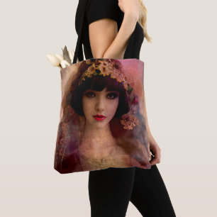 Bolsa Tote Estilo Vintage Retrato da Mulher Bonita em Rosa