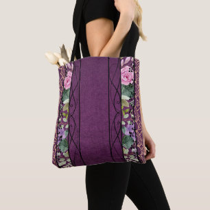 Bolsa Tote Estilo vitoriano roxo, Rosa, Dourado, Petais e Flo
