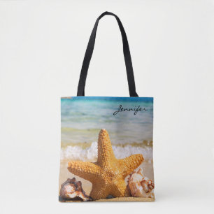 Bolsa Tote Estrela do mar e Seashells na praia personalizada