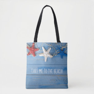 Bolsa Tote estrela do mar patriótica colorida na madeira com
