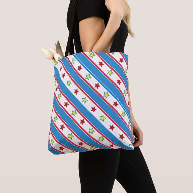 Bolsa Tote Estrelas Amarelas Vermelhas Azul Diagonal Estrelas (Close Up)