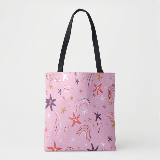 Bolsa Tote Estrelas Bonitas Rainbows Padrão Rosa (Frente)