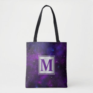 Bolsa Tote Estrelas Brilhantes em Fundo Espacial Roxo Escuro