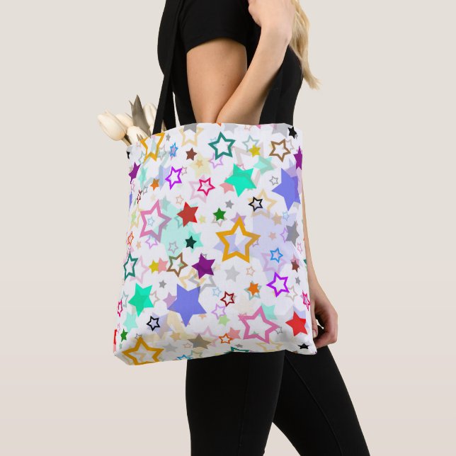 Bolsa Tote Estrelas Coloridas Brancas  (Close Up)