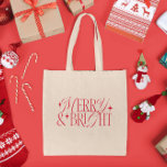 Bolsa Tote Estrelas de Natal feliz e Brilhante<br><div class="desc">O tema Clássico e natais vintages é o design de saco de tote com texto de tipografia que diz "feliz e brilhante" com estrelas.</div>