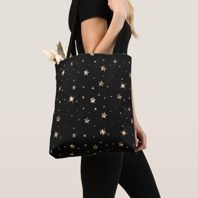 Bolsa Tote Estrelas de Natal preto e Dourado Faux Metal (Close Up)