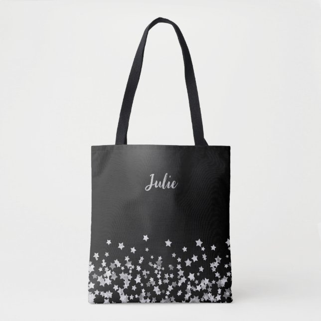 Bolsa Tote Estrelas de Prata Monograma Presente de Natal Pers (Frente)