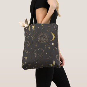 Bolsa Tote Estrelas Douradas Celestiais, Lua e Constelações