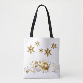Bolsa Tote Estrelas Douradas com Enfeites de natal Dourados e