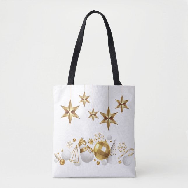 Bolsa Tote Estrelas Douradas com Enfeites de natal Dourados e (Frente)