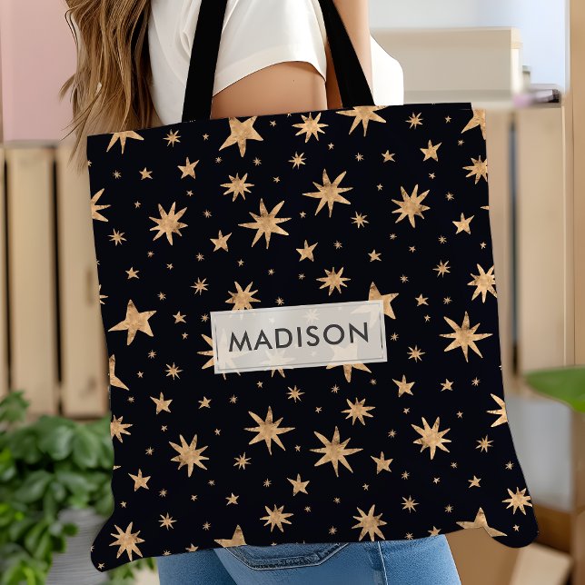 Bolsa Tote Estrelas Douradas do céu negro estrelado de tendên (Criador carregado)