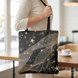 Bolsa Tote Estrelas Douradas Mágicas Bokeh e Linhas Abstratas