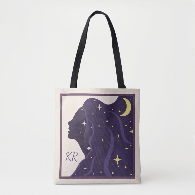 Bolsa Tote Estrelas Douradas Purple do Universo Cósmico Perso (Frente)