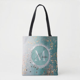 Bolsa Tote Estrelas Douradas Shimmery no Monograma Teal