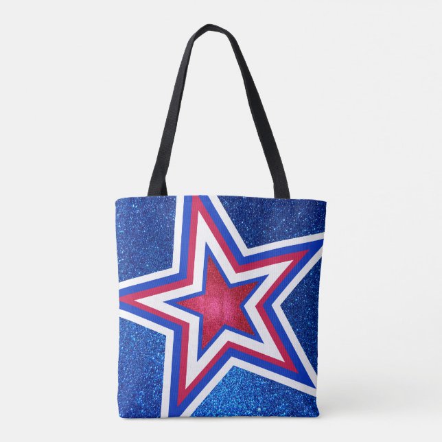 Bolsa Tote Estrelas e faixas americanas de brilho azul-vermel (Verso)