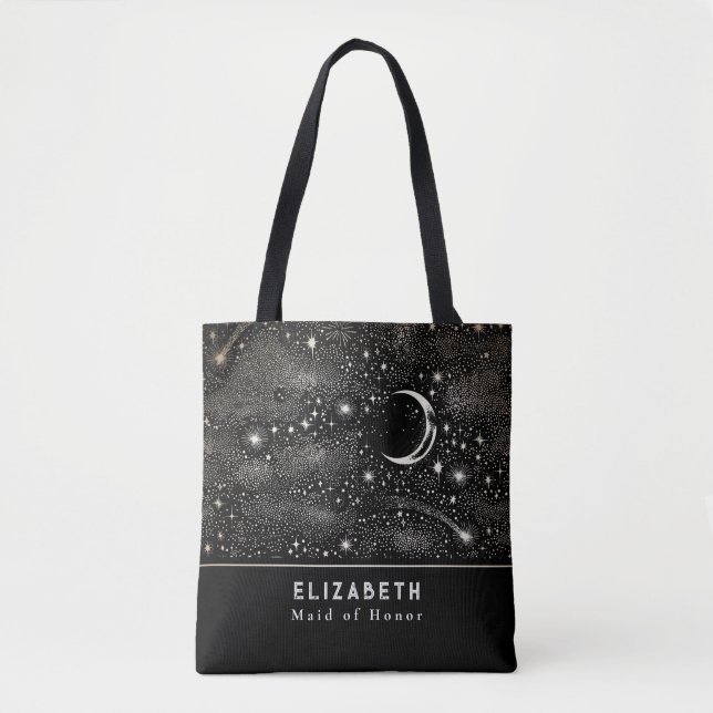 Bolsa Tote Estrelas e Lua Starry Night Celestial Black (Frente)