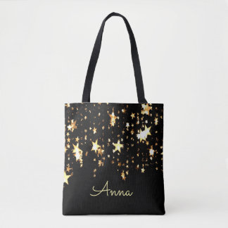 Bolsa Tote Estrelas elegantes, pretas, douradas,