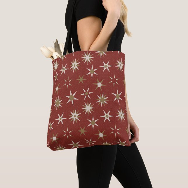 Bolsa Tote Estrelas Geo Douradas de Natal - em padrão vermelh (Close Up)