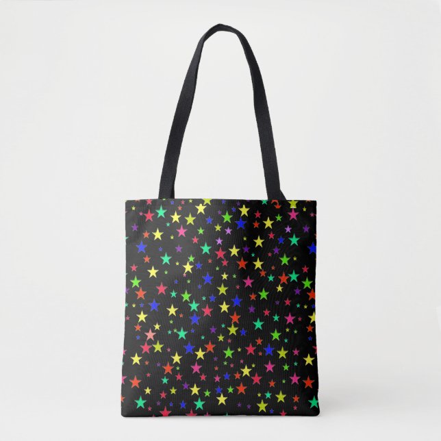Bolsa Tote Estrelas multicoloridas modernas em preto (Frente)