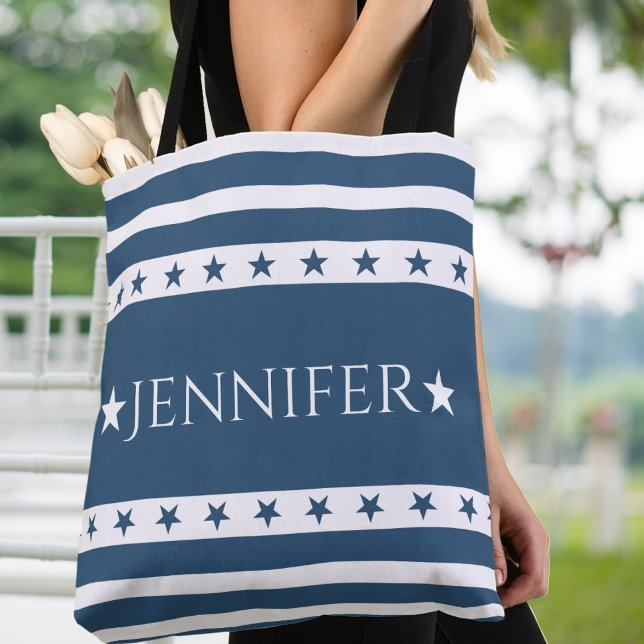 Bolsa Tote Estrelas Patrióticas Azuis e Brancas e Bandas Pers (Blue and White Patriotic Stars and Stripes Custom Tote Bag - Just add your name or special text!)